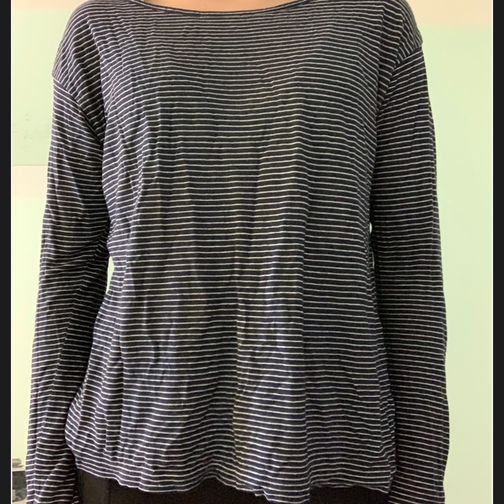 Blue and white striped long sleeved